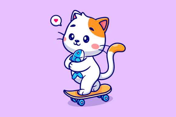 Download Cute Cat Holding Fish on Skateboard - Skate Collection