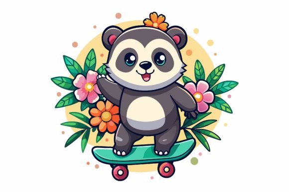 Download Skateboard Panda Road Cartoon with Flowe - Skate Collection