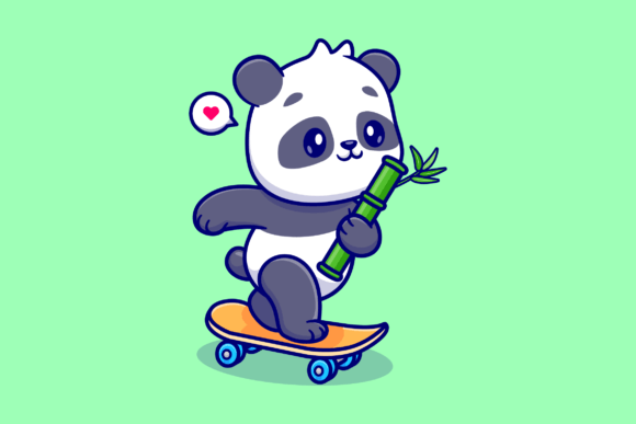Download Cute Panda Holding Bamboo on Skateboard - Skate Collection