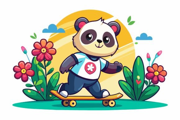 Download Skateboard Panda Road Cartoon with Flowe - Skate Collection