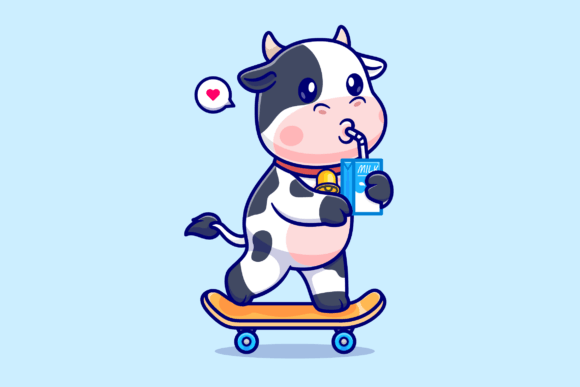 Download Cute Cow Drinking Milk on Skateboard - Skate Collection