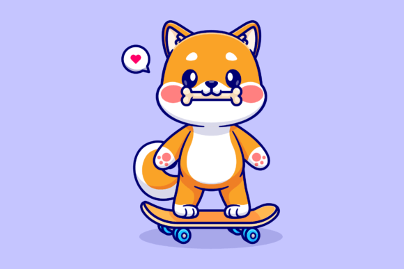 Download Cute Shiba Inu Bite Bone on Skateboard - Skate Collection
